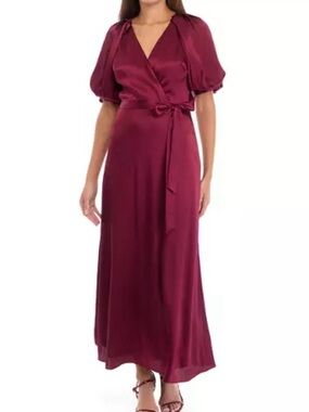 Maison Tara Wine Satin Dress with Puff Sleeves